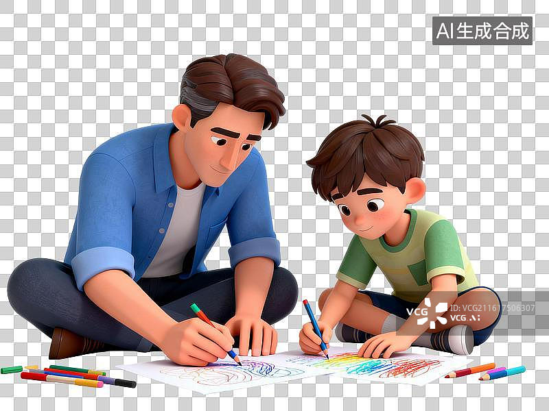 【AI数字艺术】爸爸和儿子坐在地板上一起画画 6月父亲节PNG插画图片素材