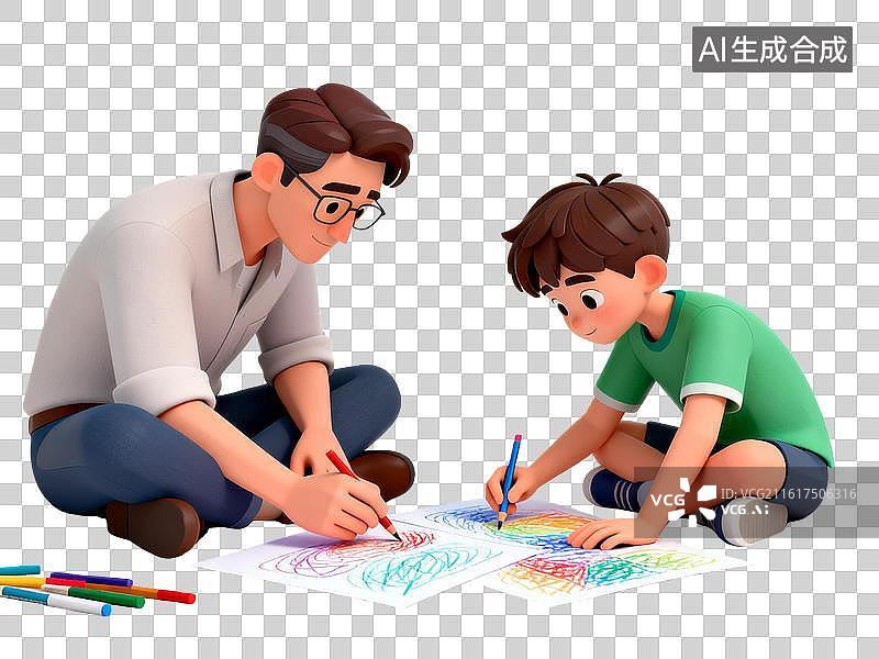 【AI数字艺术】爸爸和儿子坐在地板上一起画画 6月父亲节PNG插画图片素材