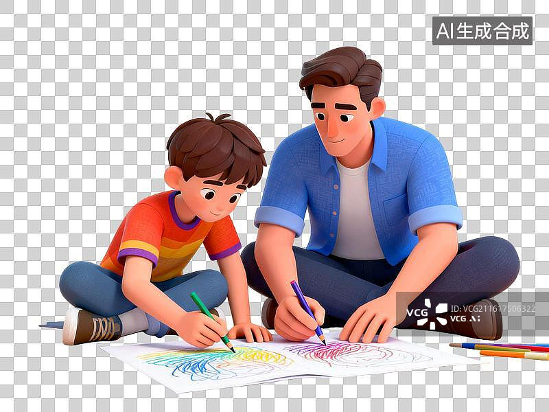 【AI数字艺术】爸爸和儿子坐在地板上一起画画 6月父亲节PNG插画图片素材