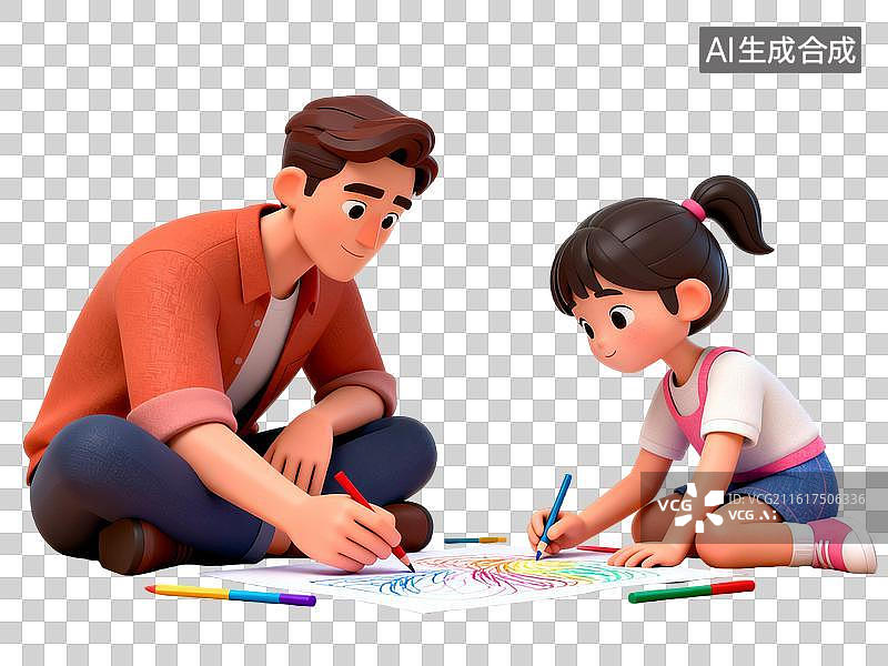 【AI数字艺术】爸爸和女儿坐在地板上一起画画  6月父亲节PNG插画图片素材