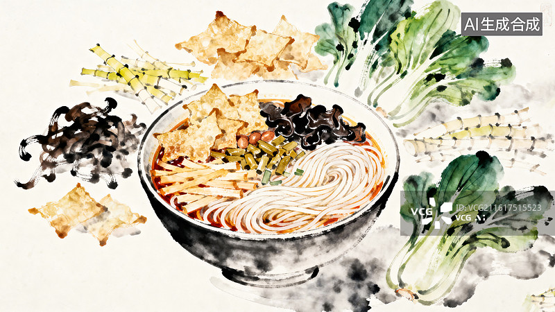 【AI数字艺术】一碗美味的螺狮粉配菜特色美食水彩插画图片素材