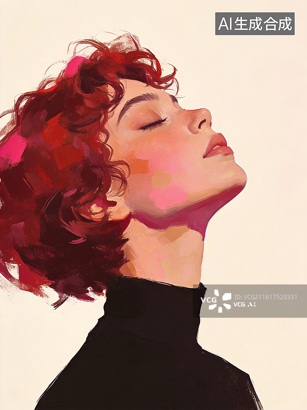 【AI数字艺术】红发女子仰头闭眼肖像图片素材