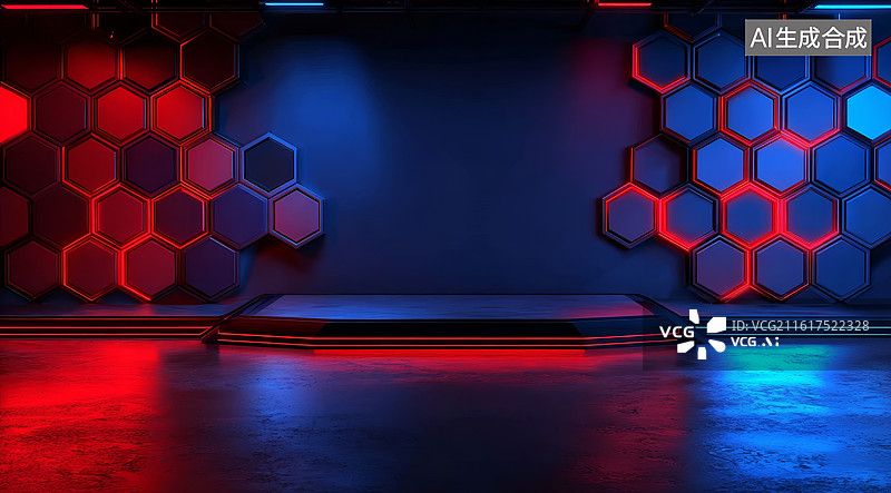 【AI数字艺术】科技感十足的蜂窝状墙面与红蓝灯光交相辉映的未来空间图片素材