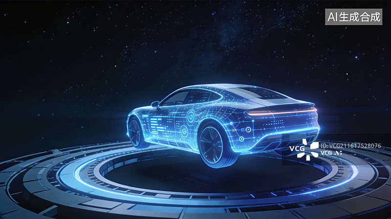 【AI数字艺术】全息投影汽车在科技平台图片素材