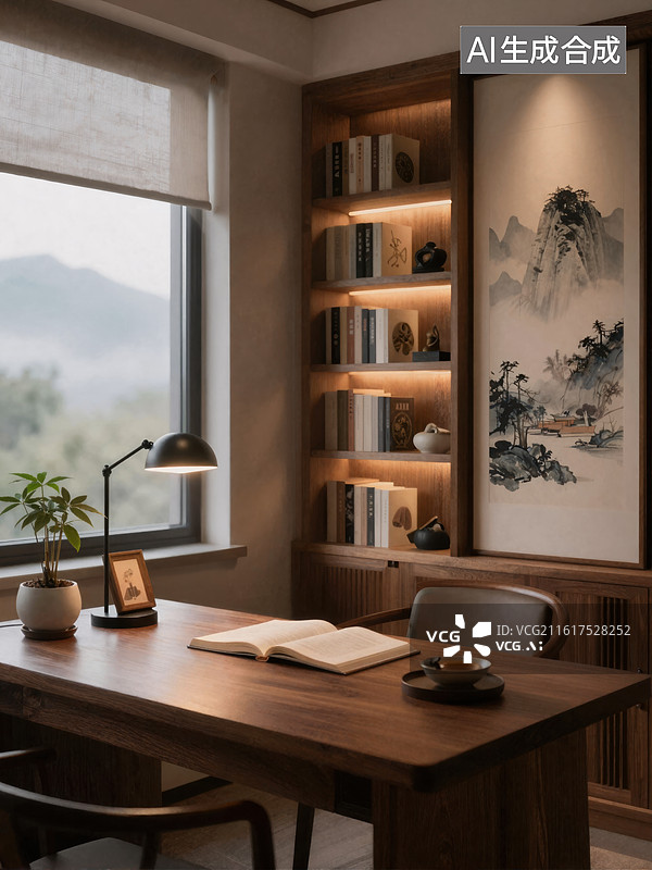 【AI数字艺术】中式书房静谧阅读角落图片素材