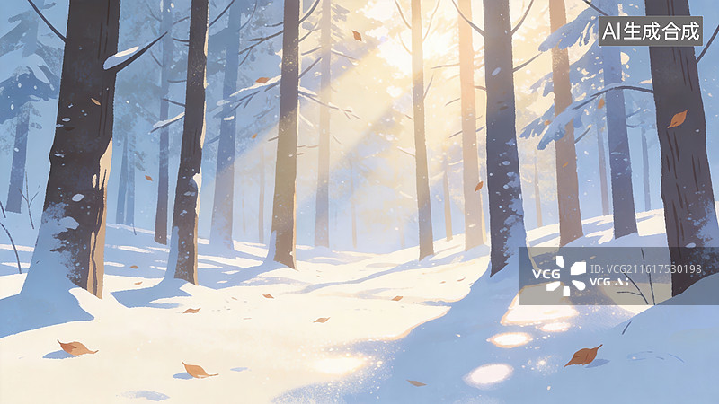 【AI数字艺术】冬日雪林阳光穿透图片素材