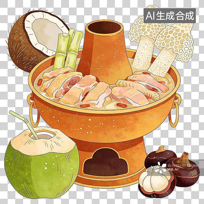 【AI数字艺术】椰子鸡火锅美食插画图片素材