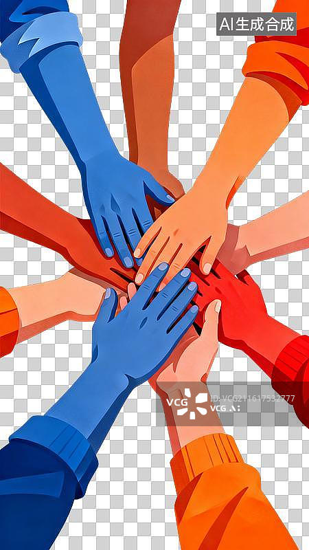 【AI数字艺术】多肤色手叠放象征团结图片素材