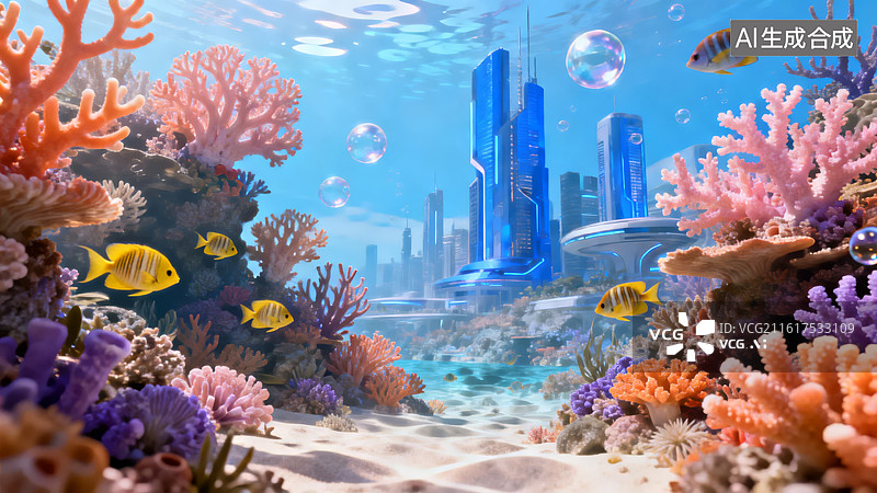 【AI数字艺术】水下未来城市珊瑚鱼群图片素材