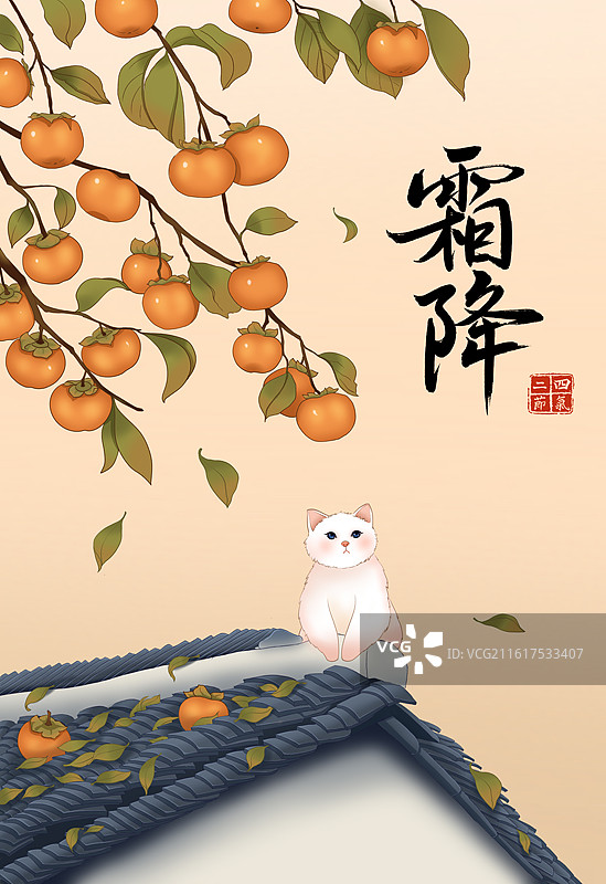 柿子树屋顶小猫二十四节气霜降秋分秋天图片素材