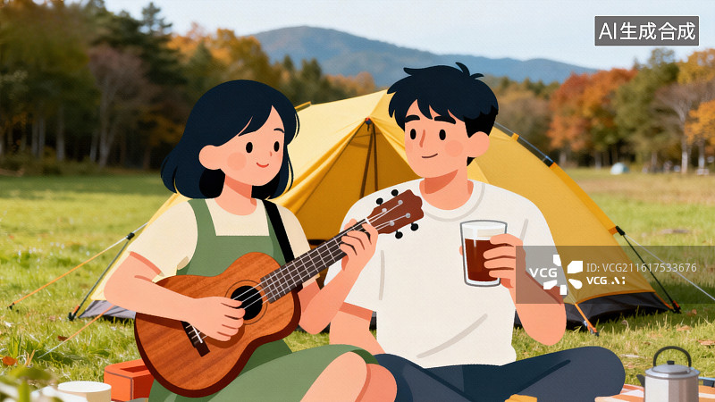 【AI数字艺术】情侣露营弹吉他图片素材