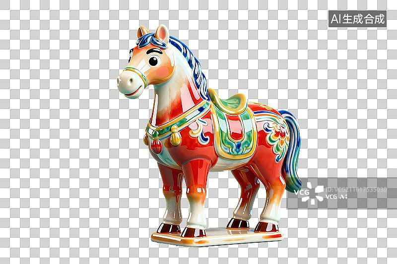 【AI数字艺术】卡通风格，彩釉瓷器，，马年唐三彩马PNG格式的免扣元素图片素材