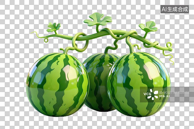【AI数字艺术】卡通风格，藤蔓上的西瓜PNG格式的免扣元素图片素材