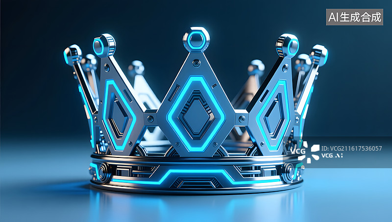 【AI数字艺术】科幻未来感机械几何蓝光皇冠图片素材