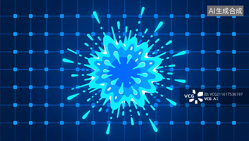 【AI数字艺术】网格矩阵中蓝色粒子爆炸产生荧光感图片素材
