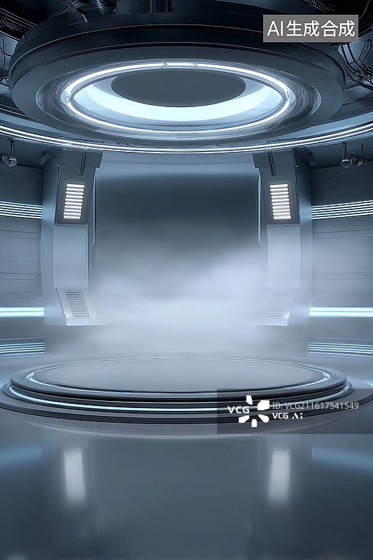 【AI数字艺术】未来科技风格的圆形封闭空间内部场景图片素材