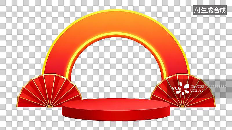 【AI数字艺术】霓虹拱门红扇风产品展示场景图片素材