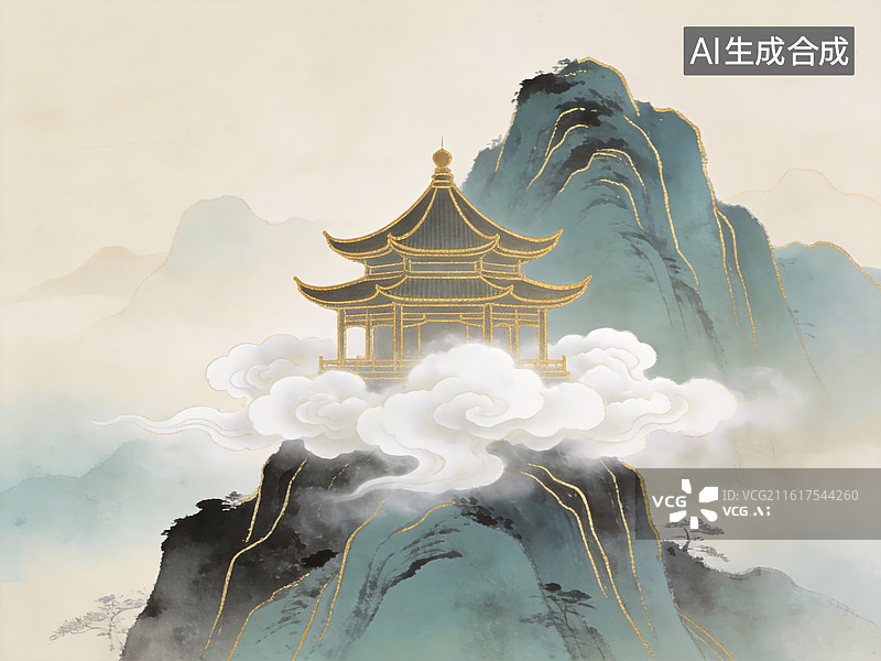 【AI数字艺术】云雾缭绕的山巅古亭图片素材