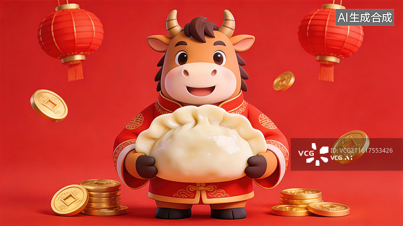 【AI数字艺术】牛年吉祥物手持元宝图片素材