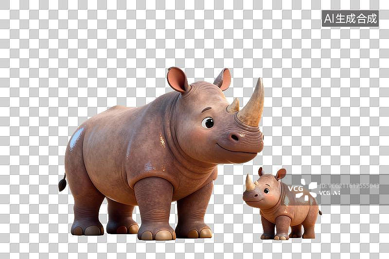 【AI数字艺术】卡通风格，犀牛妈妈带着犀牛宝宝PNG格式的免扣元素图片素材
