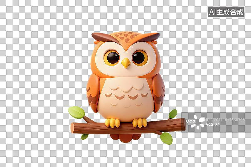 【AI数字艺术】卡通风格，树枝上栖息着一只猫头鹰PNG格式的免扣元素图片素材