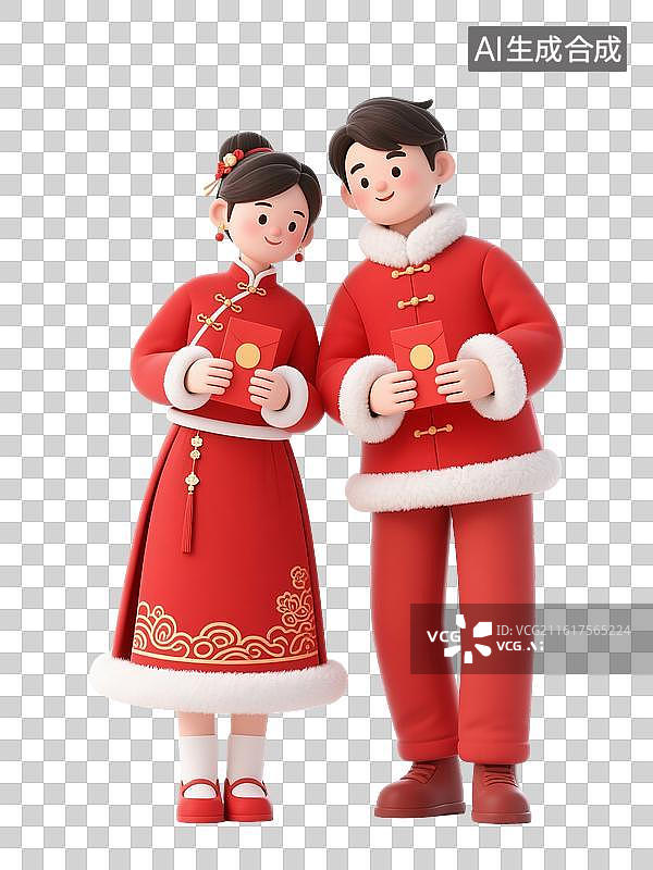 【AI数字艺术】AIGC：3D卡通一对青年夫妻手拿红包，拜年年俗，收红包，春节设计元素，免抠图形图片素材