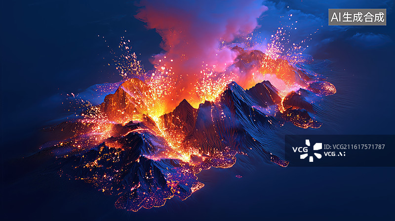 【AI数字艺术】黑夜一座正在喷发的火山流淌出炽热岩浆和浓烟3D场景图片素材