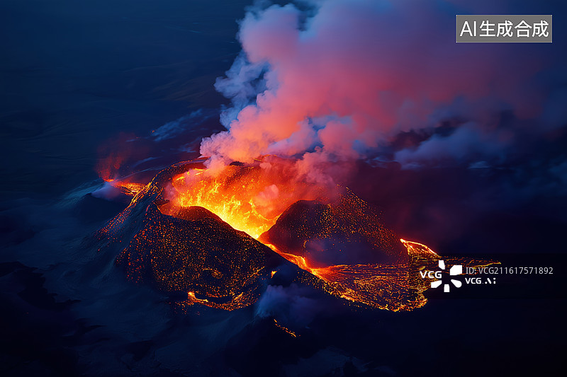 【AI数字艺术】黑夜一座正在喷发的火山流淌出炽热岩浆和浓烟3D场景图片素材