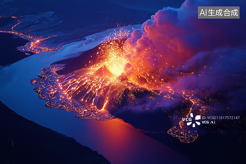 【AI数字艺术】黑夜一座正在喷发的火山流淌出炽热岩浆和浓烟3D场景图片素材