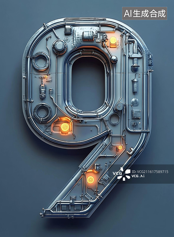 【AI数字艺术】数字9造型的机械科技风格设计带有发光元件图片素材