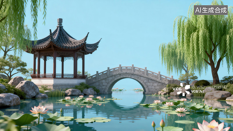 【AI数字艺术】中式园林亭桥水景图片素材