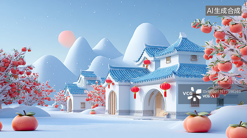【AI数字艺术】雪景中的中式建筑与柿子树图片素材