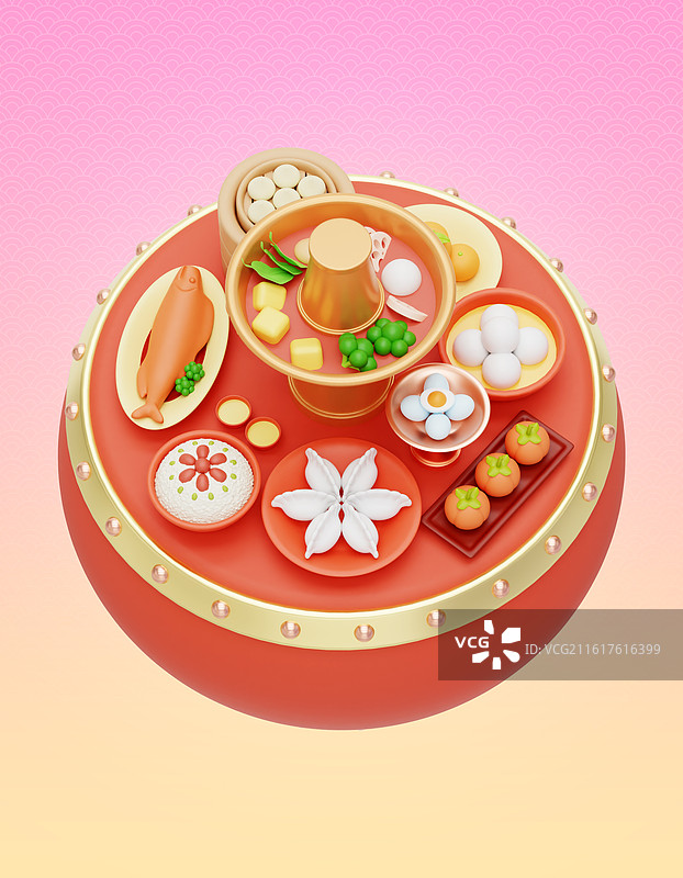 3D立体卡通一桌饭菜年夜饭食物节日新年插画图片素材