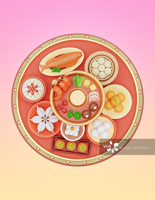 3D立体卡通一桌饭菜年夜饭食物节日新年插画图片素材