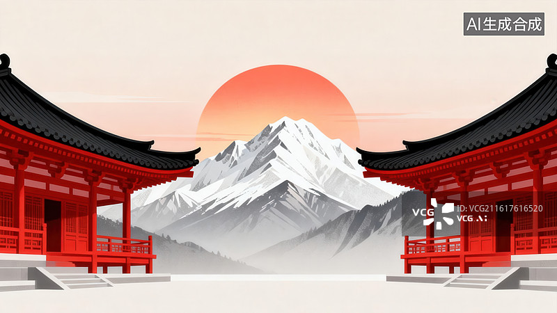 【AI数字艺术】红庙雪峰日出图图片素材