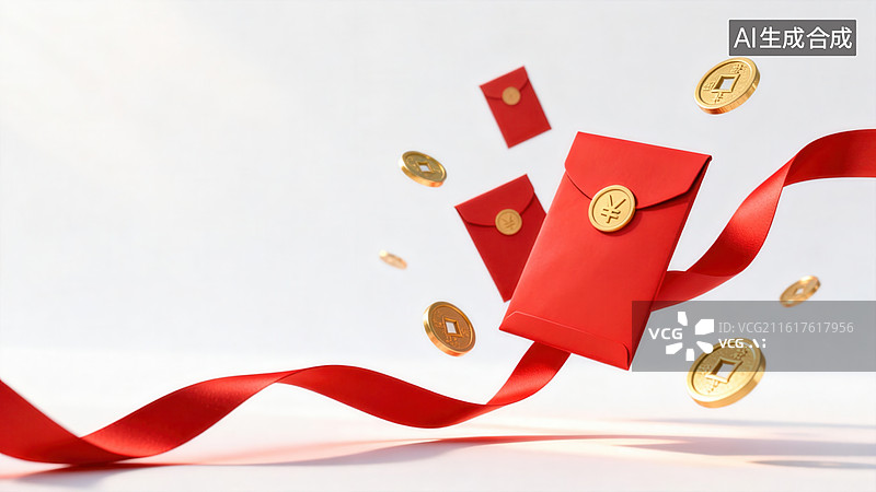 【AI数字艺术】红色信封与金币飘动图片素材