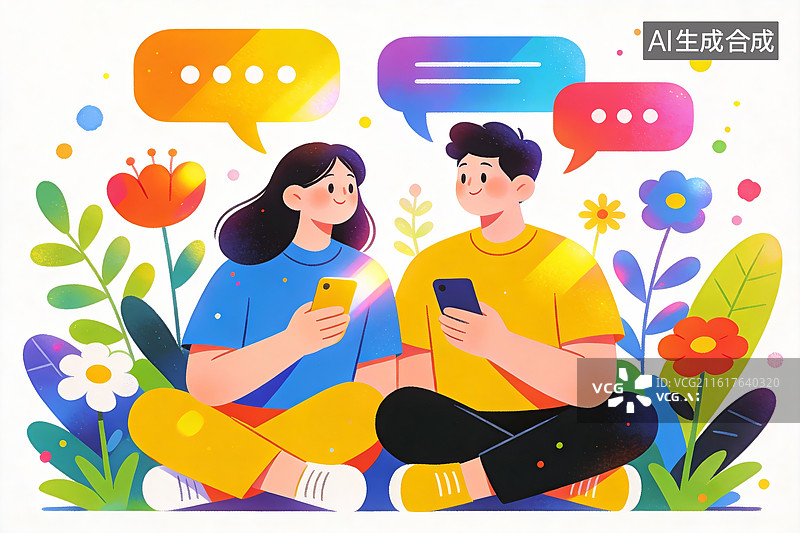 【AI数字艺术】男人女人青年伴侣两个人手机对话框说话沟通聊天联系图片素材