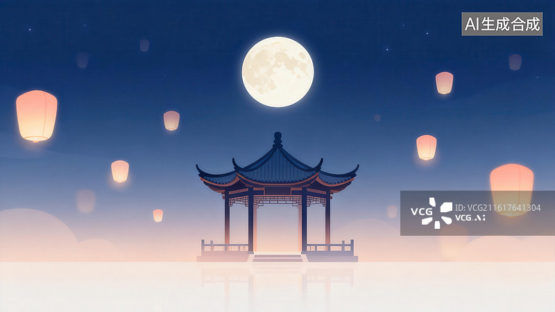 【AI数字艺术】月下亭台与灯笼图片素材