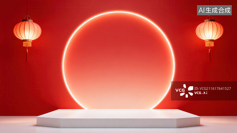 【AI数字艺术】红色背景下的发光圆环与灯笼图片素材
