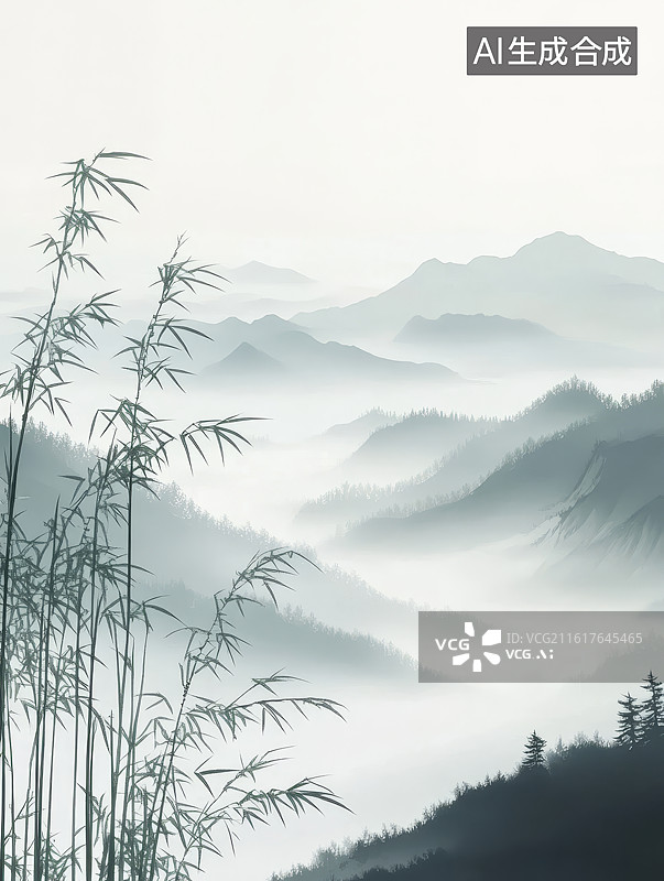 【AI数字艺术】中式意境的水墨竹影与雾山图片素材