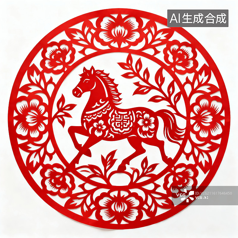【AI数字艺术】2026马年传统剪纸红色圆形骏马花纹装饰图案图片素材