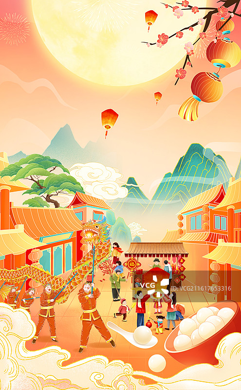 国潮风2026马年元宵插画 国风贺岁年画 喜庆逛庙会闹元宵 街道热闹场景 看舞龙吃汤圆 竖版图片素材