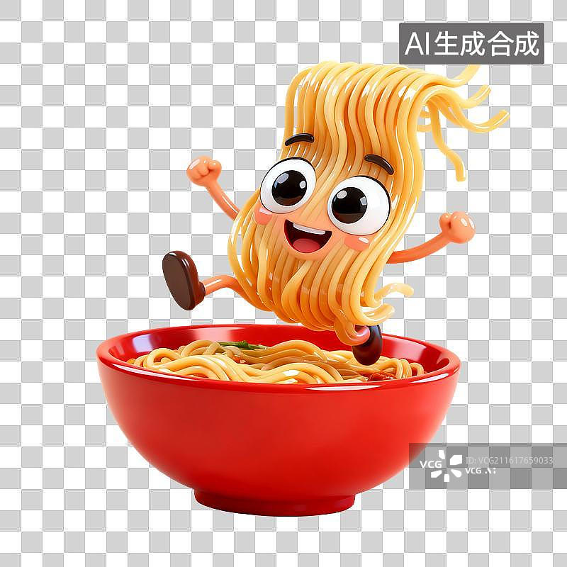 【AI数字艺术】3D渲染，卡通拟人面条，一碗挂面，面条，拉面，中国传统美食，免抠元素图片素材