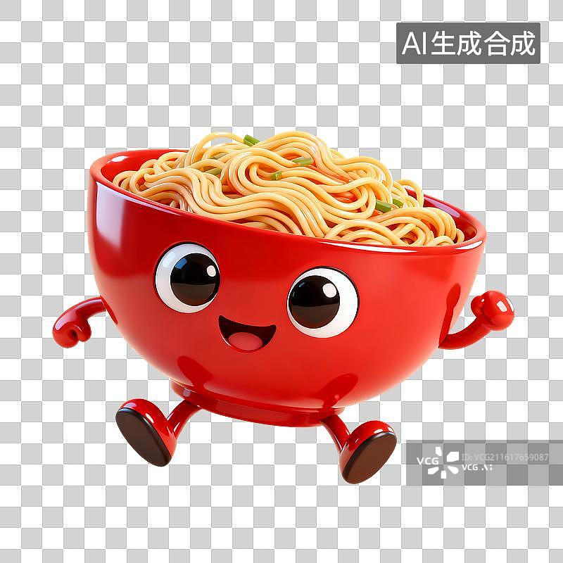 【AI数字艺术】3D渲染，卡通拟人面条，一碗挂面，面条，拉面，中国传统美食，免抠元素图片素材