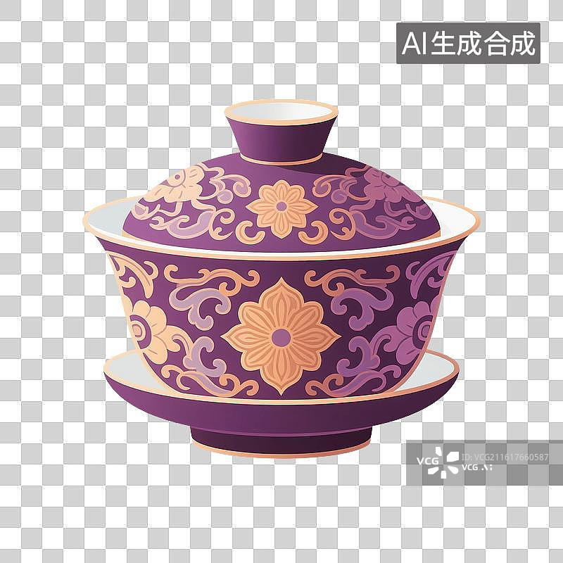 【AI数字艺术】国风手绘插画，盖碗茶，茶盏，茶杯茶具，瓷器，茶道，茶文化，喝茶饮茶免抠元素图片素材