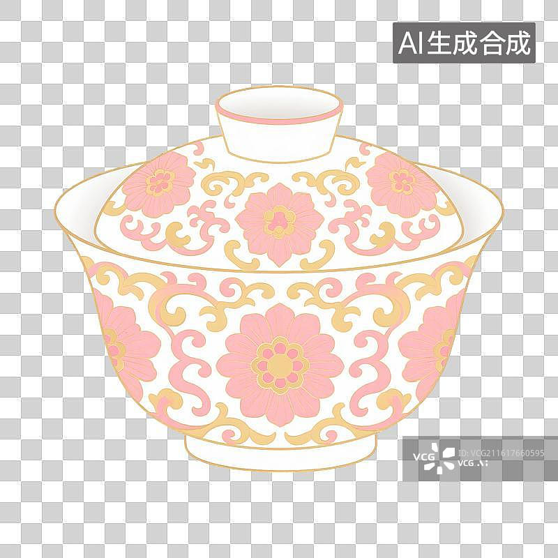 【AI数字艺术】国风手绘插画，盖碗茶，茶盏，茶杯茶具，瓷器，茶道，茶文化，喝茶饮茶免抠元素图片素材