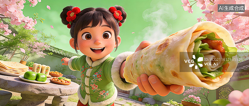 【AI数字艺术】大透视国风萌娃春日享卷饼美食插画素材图片素材