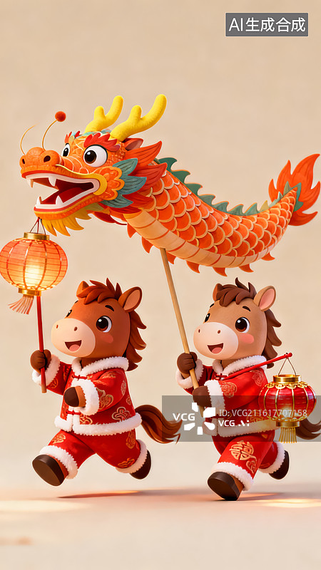 【AI数字艺术】卡通马持龙灯欢庆节日图片素材