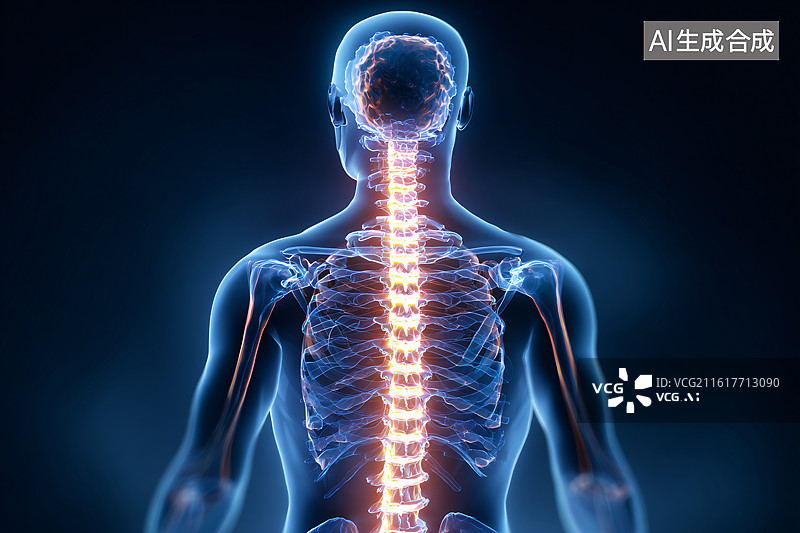 【AI数字艺术】3D发光人体脊柱骨骼解剖模型图片素材