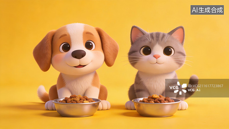 【AI数字艺术】小狗和小猫共进餐图片素材